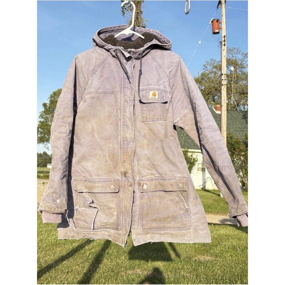 Vtg Carhartt Thrashed Lavender Hooded Jacket Kids XL 16/18 Womens S Med Boxy
